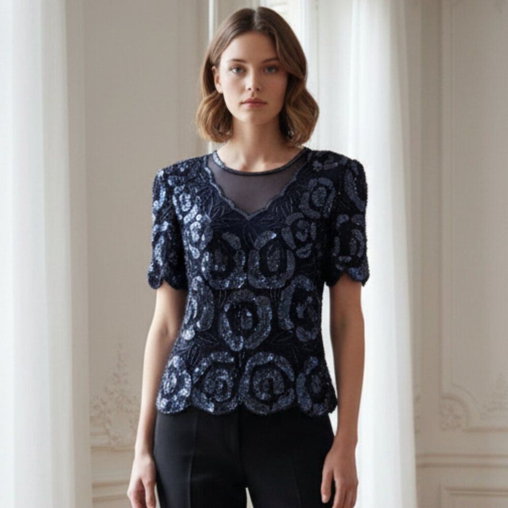 Vintage Parisian Room 100% Silk Beaded Sequined Illusion Top - Small